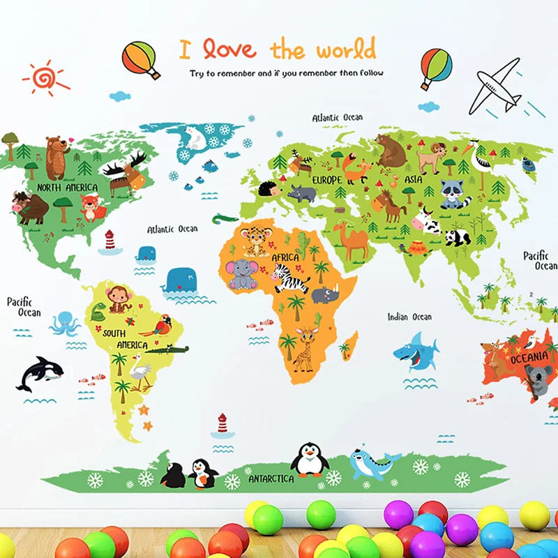 

I Love The World Animal Wall Stickers For Kids Rooms Home Decor Living Room Bedroom DIY Cartoon Wall Sticker Home Decor