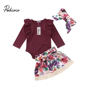 

Toddler Baby Girls Floral Set Cotton Romper Tassel Skirts Headband 2018 New Spring Autumn Kids 3Pcs Baby Girls Outfits Clothes