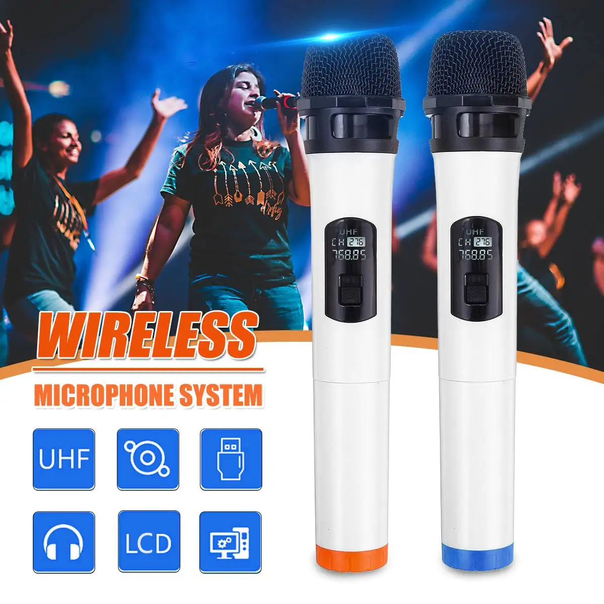 

UHF Wireless Microphone Multifunction LED Screen Karaoke Microphone Portable System with Two Transmitter with Screen