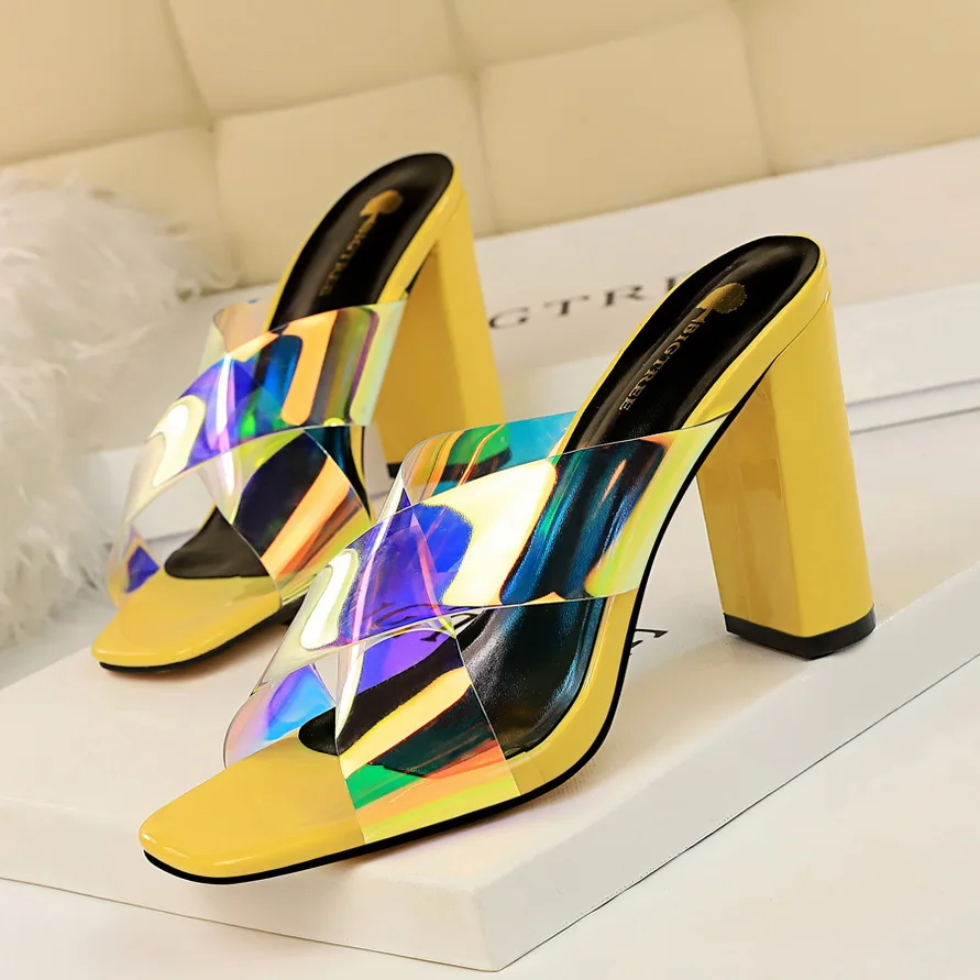 

2019 Summer Women 9.5cm High Heels Mules Yellow Slides Open Toe Block Thick Heels Slipper Sandals Luxury Designer White Shoes