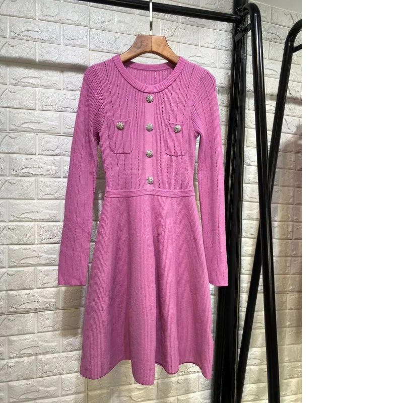 

High Quality Sweater Dress New Korean Style 2019 Spring Autumn Knitwear Women O-Neck Beading Bust Pocket Patchwork Knitted Dress