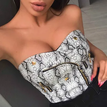 

2019 New Fashion Snake Skin Printed Zipper Design Tank Top Women Strapless Wrap Bust Vest Casual Ladies Crop Top