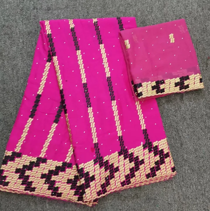 

5Yards Beautiful fuchsia african cotton fabric embroidery with rhinestone and 2yards french net lace set for dress HC13-4