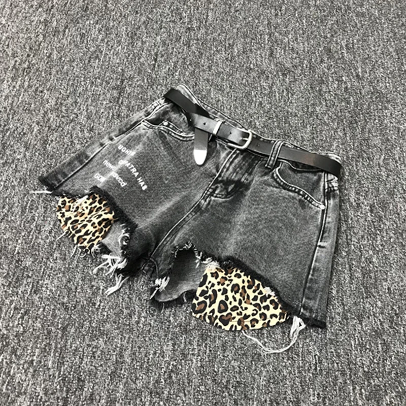 spring summer denim shorts wide leg women hole loose fashion leopard jeans shorts