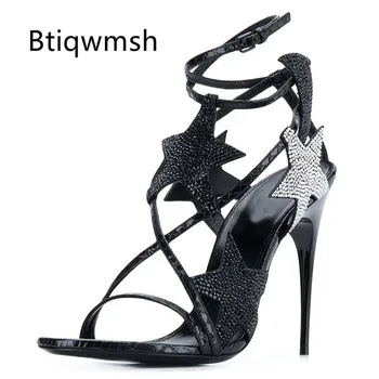 

2019 Newest Gladiator Sandals Women Open Toe Rhinestone Star Cross Strap Strange High Heel Shoes Woman Sexy Party Shoes
