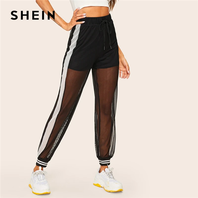 SHEIN повседневные Черные Сетчатые штаны с завязками на талии, полосатые прозрачные Спортивные штаны, женские летние длинные брюки с морковкой