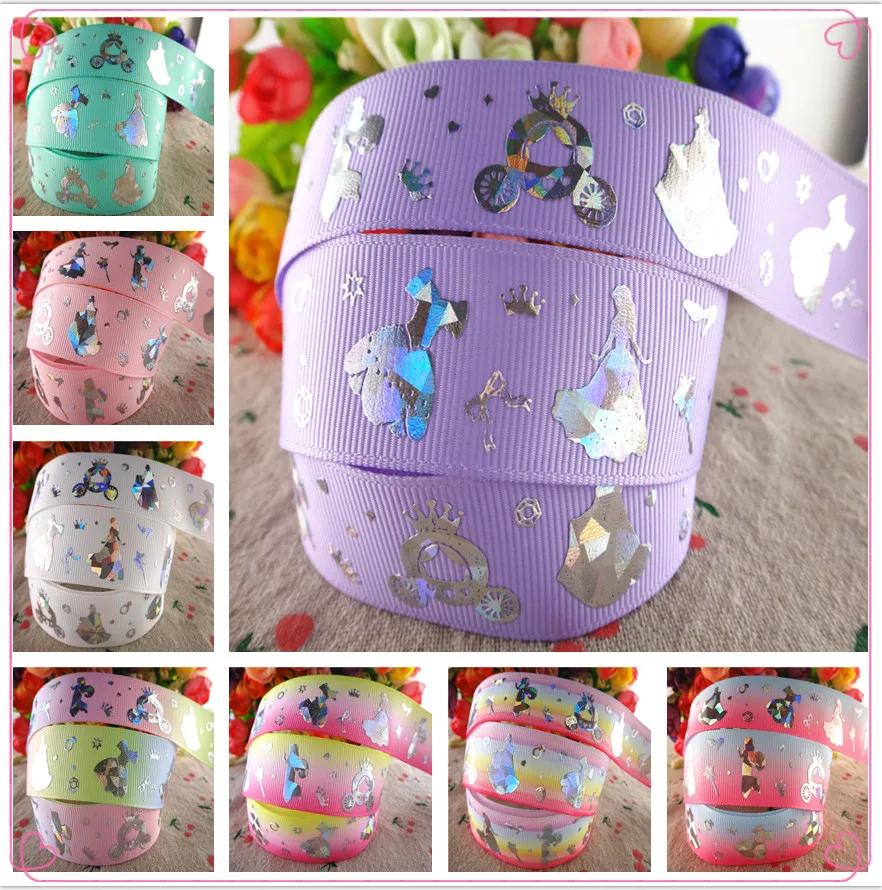 

18052104, 1" 25mm 10 yards laser silver cute cartoon princess printed grosgrain ribbons gift packaging DIY handmade materials