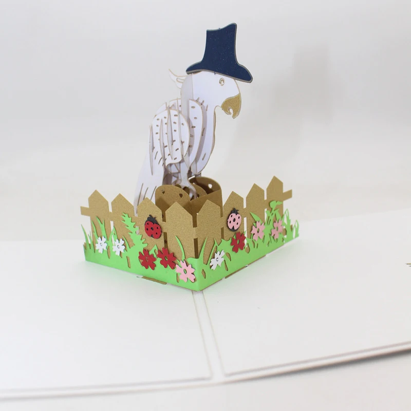  3D Handmade Wearing Bowler Hat White Parrot Paper Invitation Greeting Cards Postcard Kids Birthday  - 33019410615