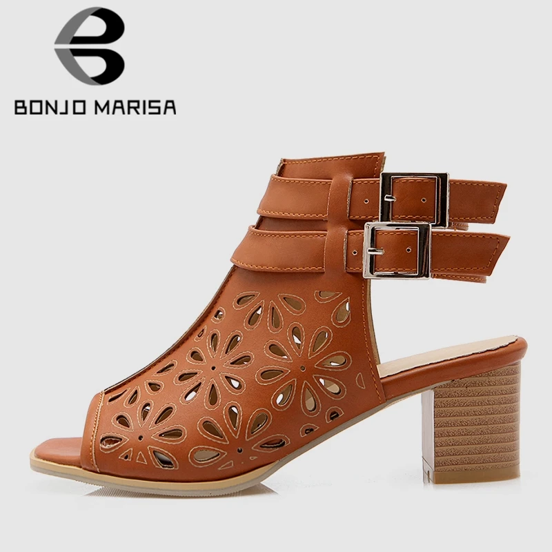 

BONJOMARISA New Women Chunky Heels Fretwork Gladiator Sandals 2020 Summer Large Size 33-43 Retro Peep Toe High Heels Shoes Woman