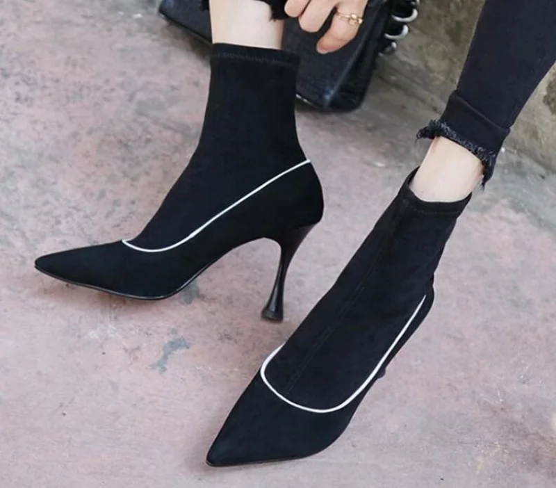 

Women Solid Color Flock Leather Pointed Toe Ankle Sock Boots Autumn Sexy Slip On Black Grey Elegant Short Boots High Heels