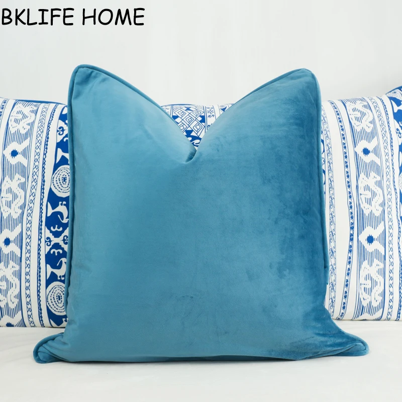 

Piping Design Blue Velvet Cushion Cover Pillow Case Soft Pillow Cover No Balling-up Without Stuffing