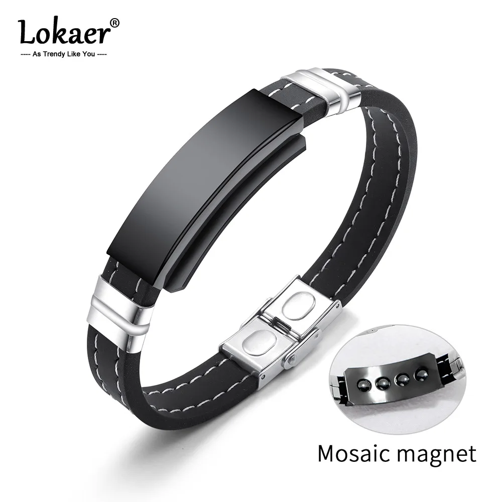 

Lokaer Punk Healthy Energy Bracelet Engrave Name ID Bangle Bio Magnetic Bracelet Black Leather Identification Jewelry OPH1275