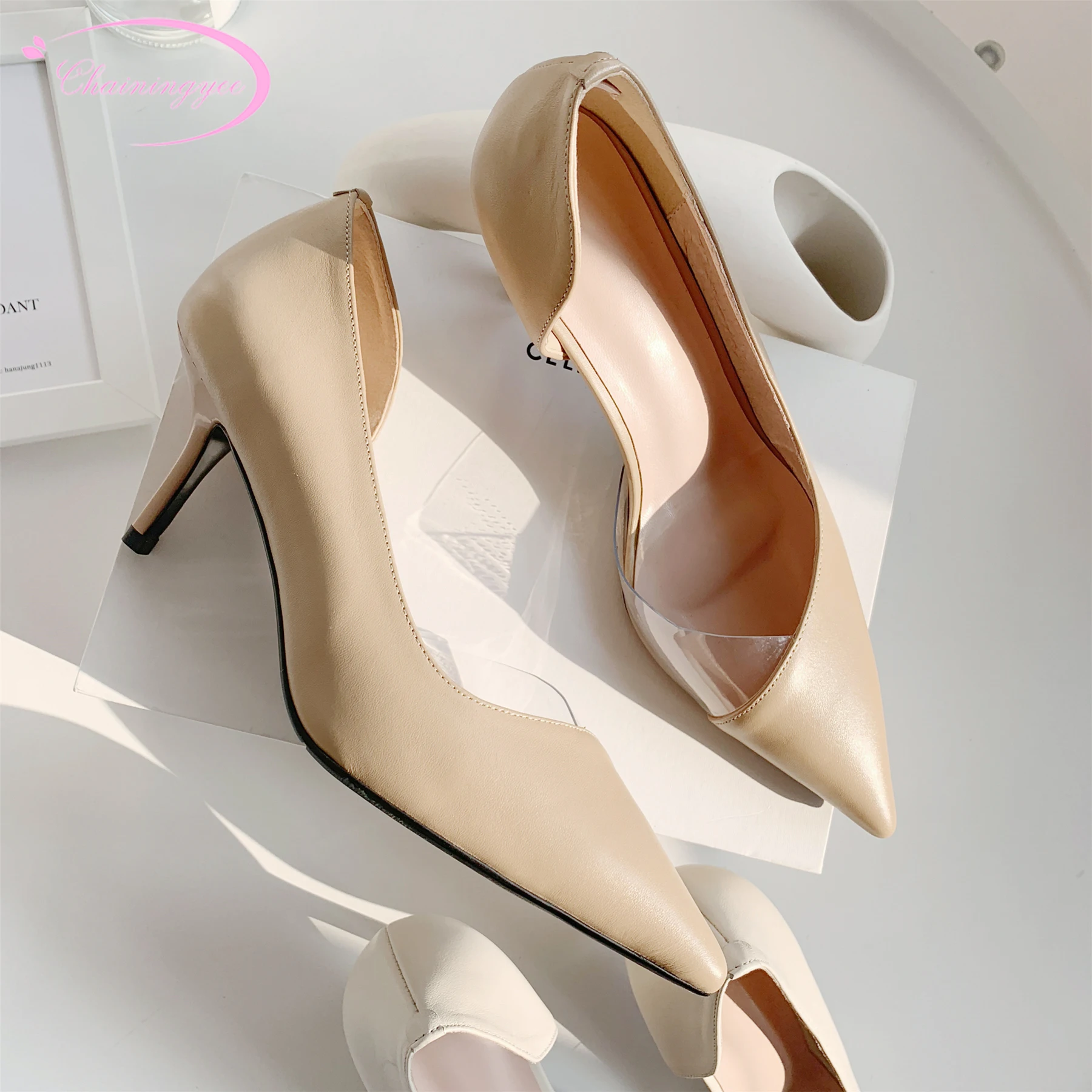 

Korea casual style sexy pointed toe genuine leather summer sandals transparent beige apricot slip-on thin high heel women shoes