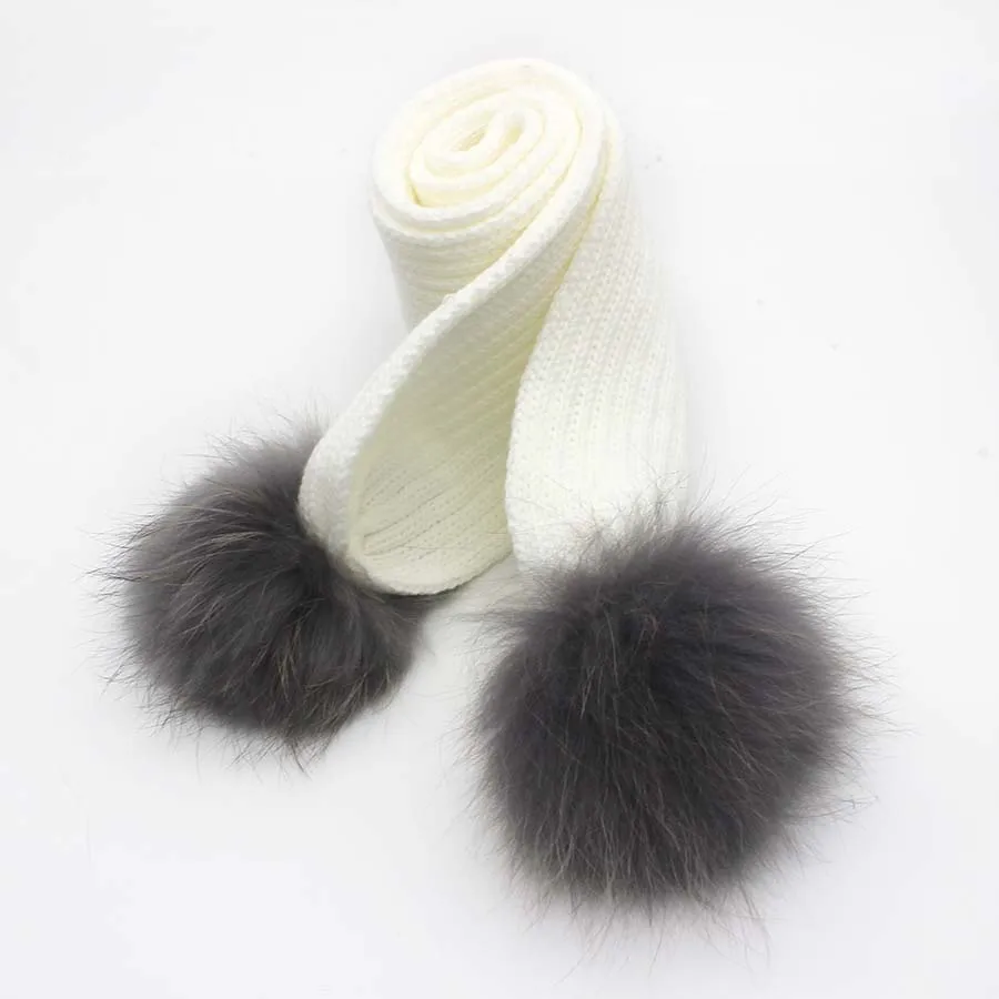 Детский зимний шарф со съемным натуральным мехом енота, помпоны для мальчиков и девочек, теплые шарфы с большим помпоном, меховой шарф - Цвет: White3