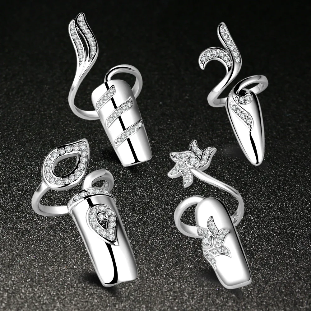 

2018 New Arrival Exaggerate Opening Rings Fashion Gold And Silver Color inlaid Cubic Zircon Nail Cover Ring jewelry