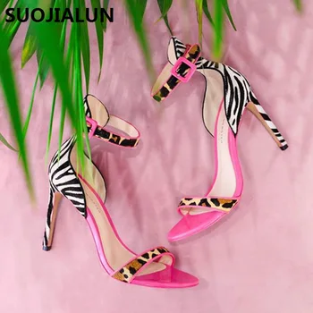 

2019 Women Sandals Leopard Stripe Summer Shoes Thin High Heels Peep Pointed Toes Party Dress Gladiator Pump Sandals