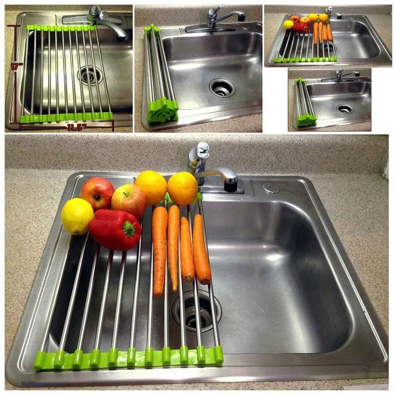 

Kitchen Over Sink Dryer Stainless Steel Folding Drying Rack Dish Vegetable Fruit
