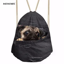 INSTANTARTS Black Denim Animal Dog Print Drawstring Bag for Teen Girl Boy Women Men Casual Drawstring Sack Backpack Schoolbag