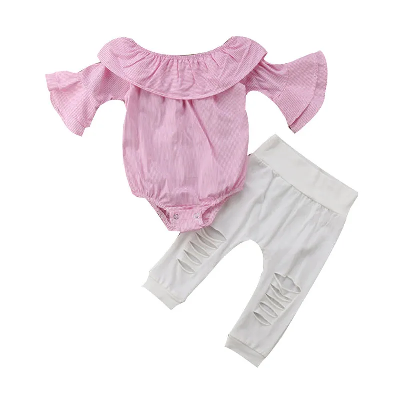 Baby Clothes Toddler Infant Baby Girl Striped Tops Romper Ripped Pants Outfits Clothes Set romper do beb menina #15O18 #F (6)