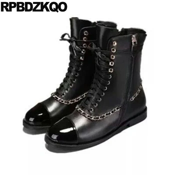 

front lace up casual ankle boots autumn shoes stud patent leather flat patchwork metal rivet black sheepskin chain women fashion