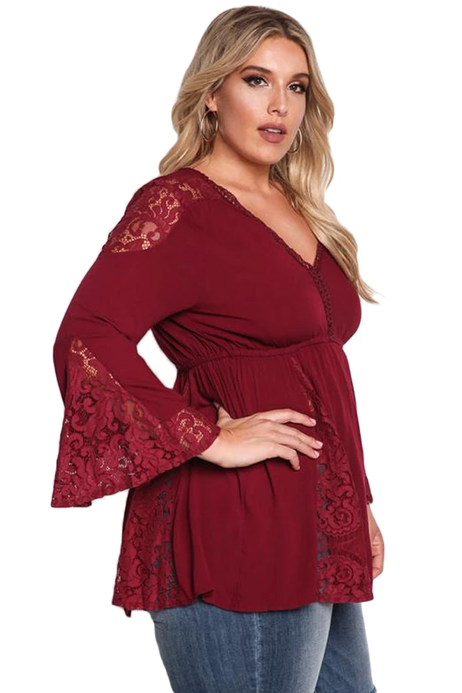 Burgundy-V-Neck-Lace-Insert-Bell-Sleeves-Babydoll-Plus-Top-LC250871-3-3