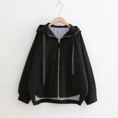 Весенне-осенняя винтажная Женская куртка с капюшоном, ветровка большого размера, короткое пальто для женщин Harajuku, свободные базовые пальто, верхняя одежда с длинным рукавом - Цвет: Black
