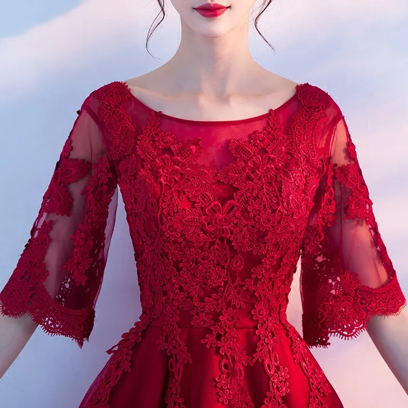 Robe de soiree/красное кружевное вечернее платье с аппликацией, короткое спереди, длинное сзади, платья для выпускного вечера