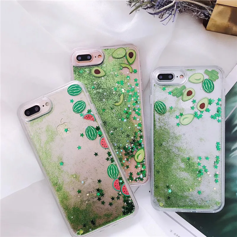 

Bling Glitter watermelon Avocado Phone Case For iPhone X XR XS Max Flowing Liquid fruit Back Cover For iPhone 6 7 8 6S plus