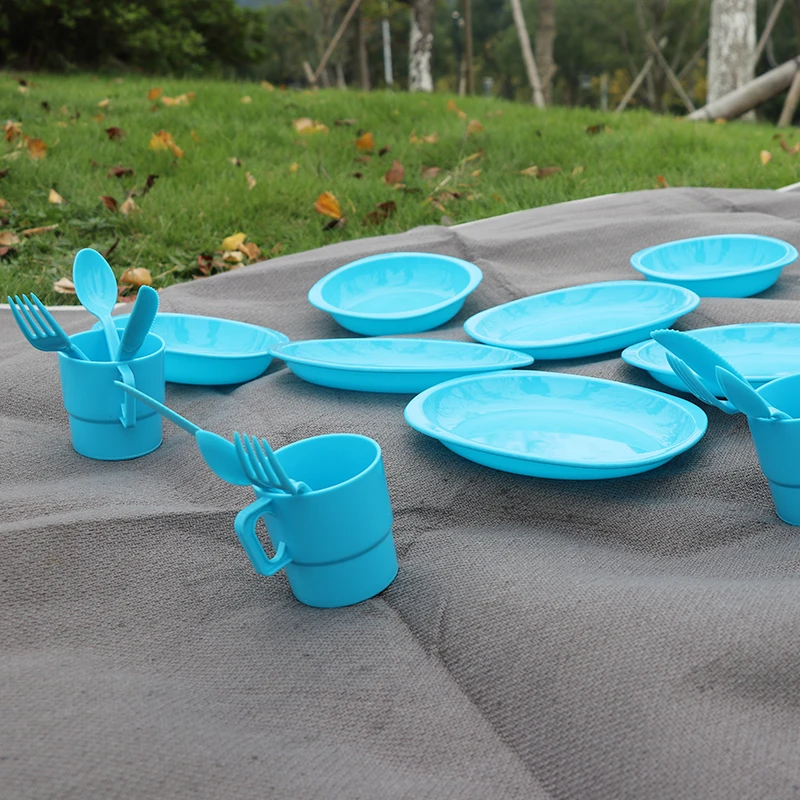 26 piezas al aire libre vajilla taza cuchara tenedor cuchillo placa tazón portátil al aire libre Camping de cubiertos de plástico de Picnic barbacoa Acampamento