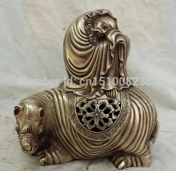 

8"Chinese Silver Damo Bodhidharma Dharma Arhat On Rhinoceros Bull Incense Burner