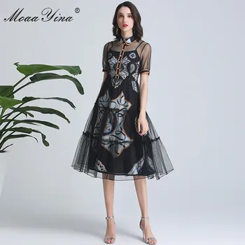 

MoaaYina Fashion Designer Runway dress Spring Summer Women Dress Short sleeve Voile Black Elegant Party Dresses