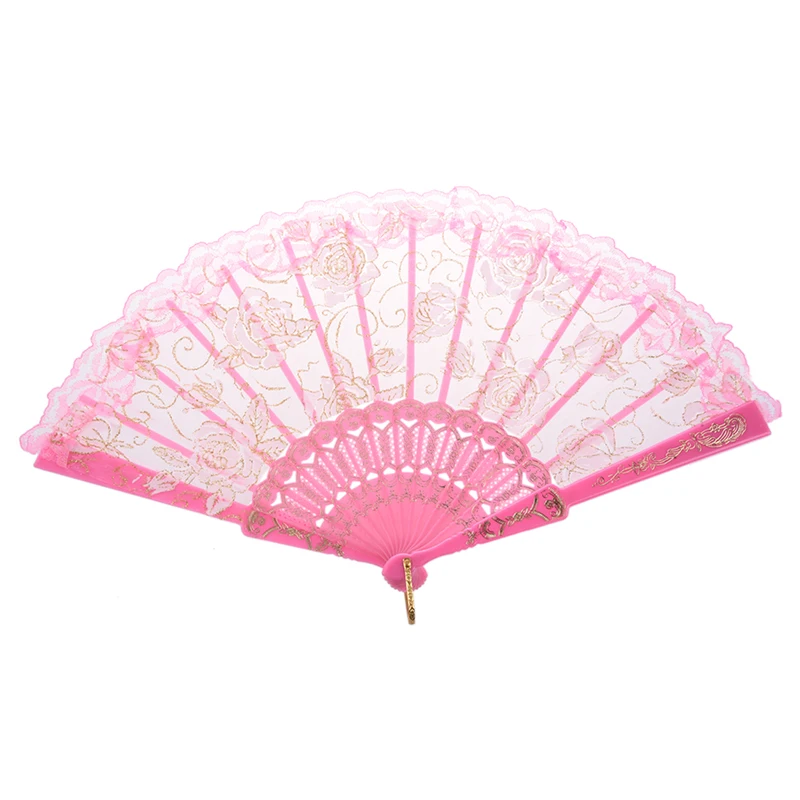

HOT-Ultra Pink Plastic Ribs Rose Print Dance Fold Hand Fan Made of organza, rose printed plastic ribs and lace trim