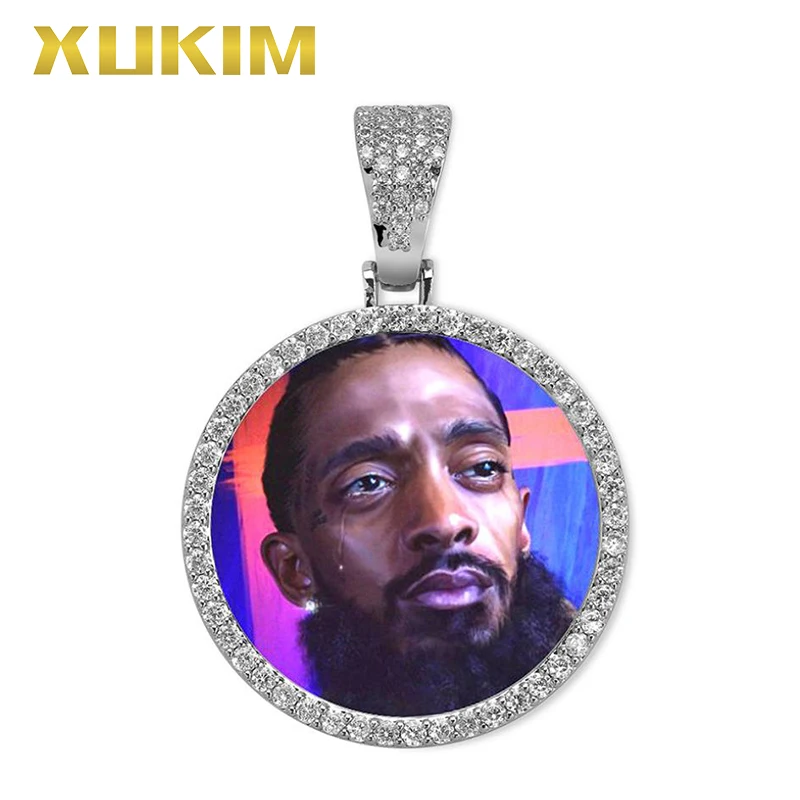 

PH057B Xukim Jewelry Custom Picture Photo Memory Medal Silver Hip Hop Jewelry Iced Out Round Bezel Frame Pendant Necklace