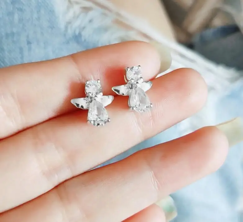 

2018 New Cute Top white CZ wing Stud Earrings for Women Children Girls Kids Baby best gift silver Color Jewelry drop shipping
