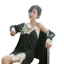 Новое поступление Для женщин Sexy Хлопок вечерний комплект с платьем летний халат ночная рубашка Двойка модная Пижама комплект кружевной халат комплект