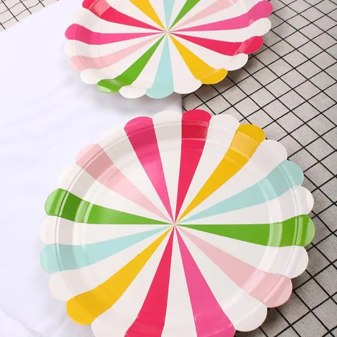ipalmay Rainbow Color Striped Paper Party Plates Cake Candy Fruit
