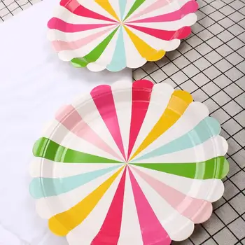 

ipalmay Rainbow Color Striped Paper Party Plates Cake Candy Fruit Canape Plates Disposable Food Trays for Wedding Bridal Shower