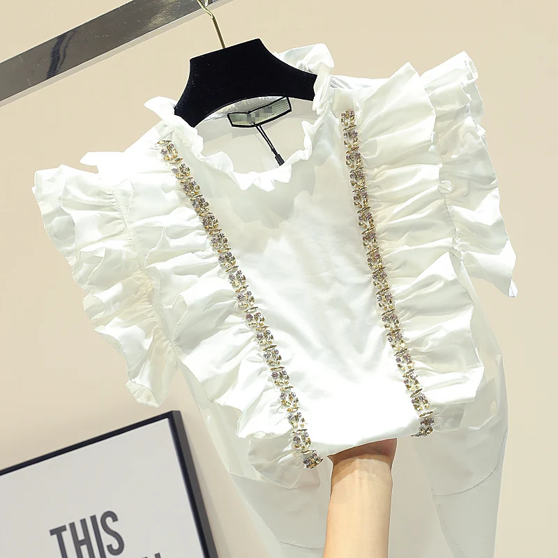 MUMUZI Women beading Blouses Sexy sleeveless ladies Shirts And Tops ruffles Blouse beaded Tops Wome