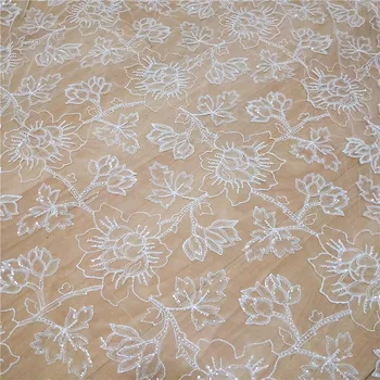 

1 Yard price, Ivory color tulle mesh embroidered lace Beads+Sequins shiny flowers lace for girls dress nice! High quality Rayon