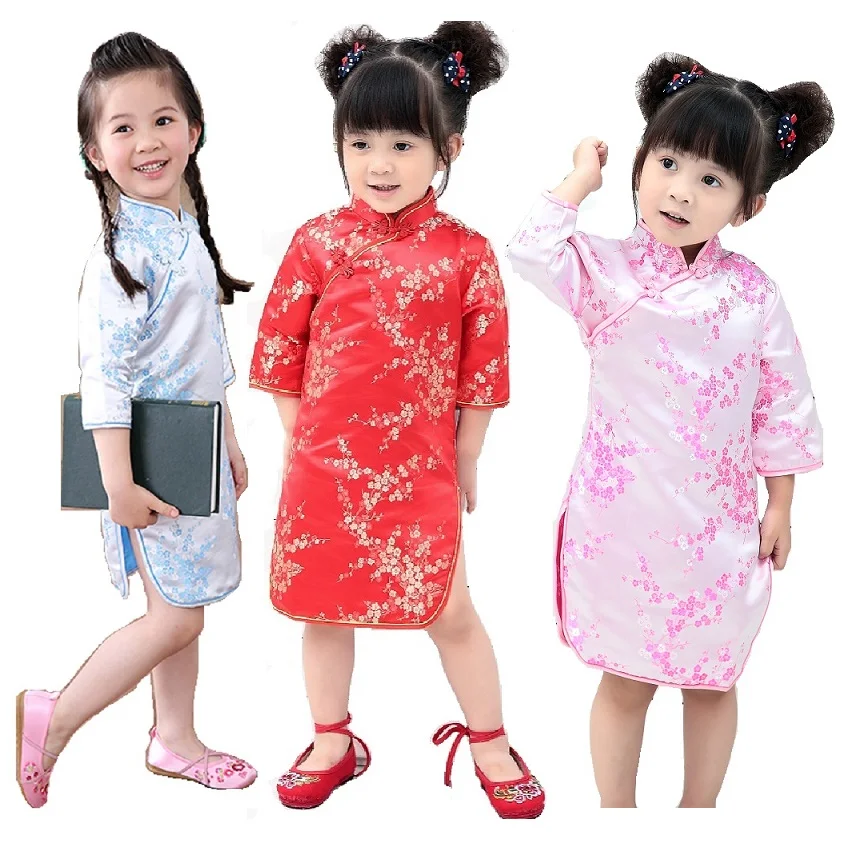 Plum Baby Girls Dress Chinese Qipao Clothes Sleeved Festival Party Children Dresses Kids Chi-pao Cheongsam 2 4 6 8 10 12 14 16 Y