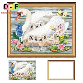

DPF The swan Framed painting Diamond Embroidery round Diamond Painting Cross Stitch Rhinestone wall Decoration