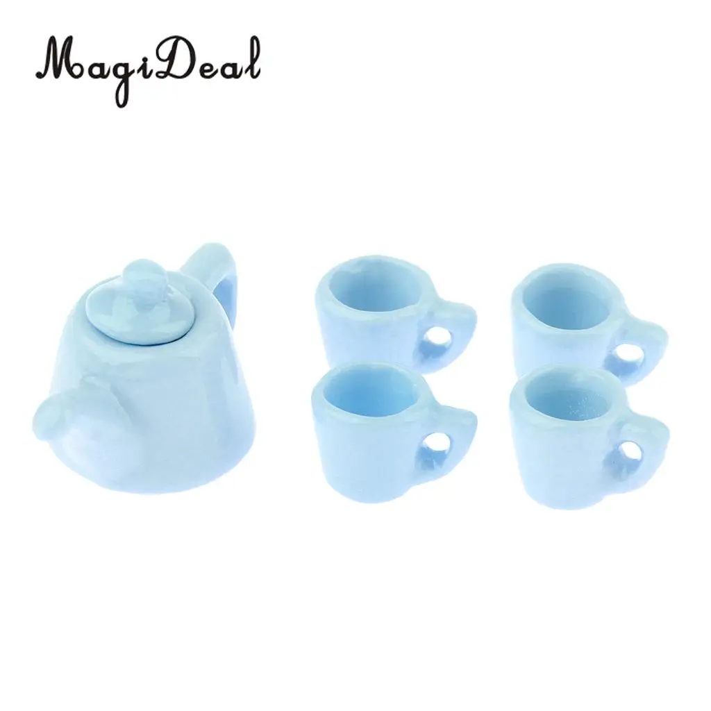 5 Pieces 1/12 Dollhouse Miniatures Dining Ware Porcelain Tea Cup Set Kitchen Accessory Blue
