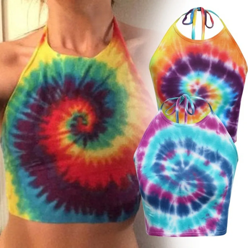 Women Fashion Women Halter Sleeveless Shirt Tie Dye Vest Short Tank Bustier Tops Camisole Bohemian Funny Festa Slim