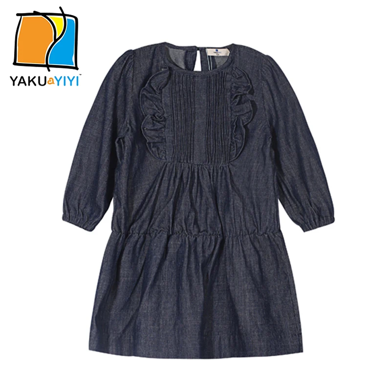 

YKYY YAKUYIYI Vintage Dark Blue Girls Dress Bubble Sleeve Baby Girls Mini Dress Soft Pleated Children Dress Girls Clothing