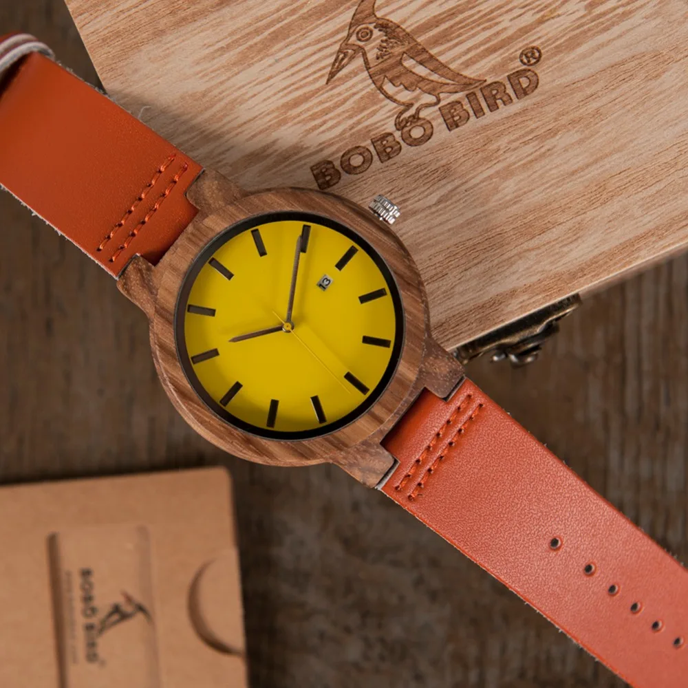 BOBO BIRD L-O09 Yellow Dial Ladies Watches with Calendar Design Zebra Wooden Watches for Men in Gift Box Drop Shipping