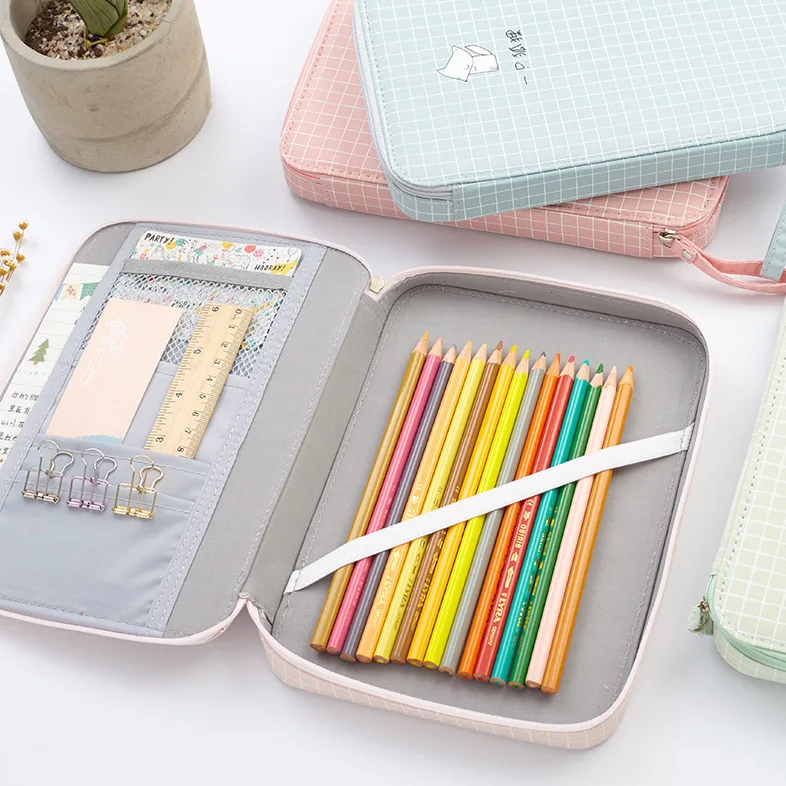 

Korean grid large capacity pen bag, cute animal multi-functional canvas stationery bag, practical pencil box stationery