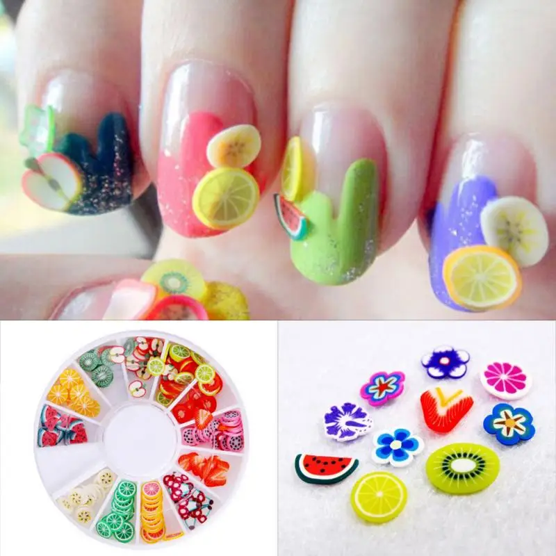 

12-Grid Ddrill Discs Fruit Patches Nail Patches Ornaments Nail Patches Slime Box Transparent Rubber Clay Filler Charms for Slime