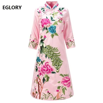 

Plus Size Dresses 2019 Spring Fashion Party Qipao Dress Women Luxurious Phonix Embroidery 3/4 Sleeve Sheath Pink Blue Red Dress