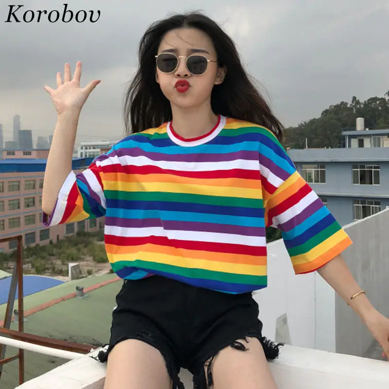 Коробов футболка женские ботинки радужной расцветки в полоску Топы Harajuku 2019