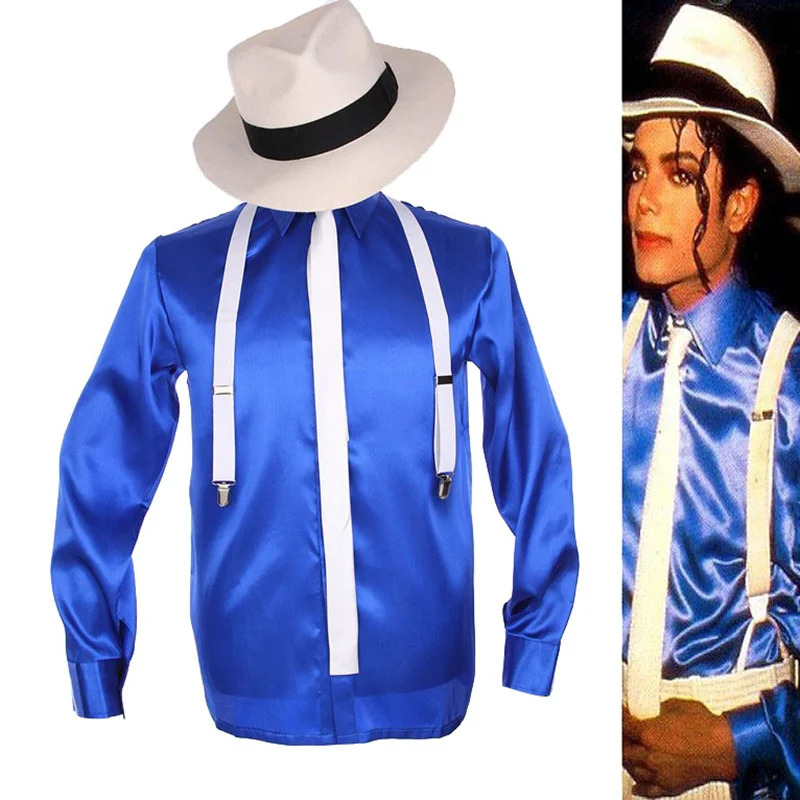 

Rare MJ Michael Jackson Smooth Criminal MTV Fedora Bule Shining Shirt Tie Suspender For Men Kids Gift